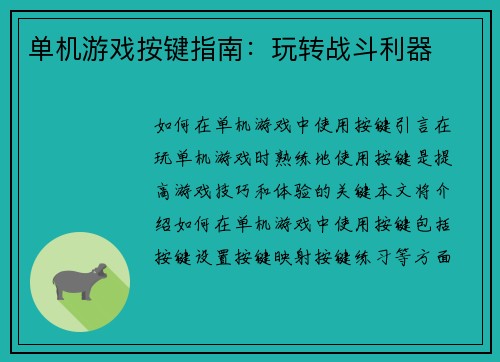 单机游戏按键指南：玩转战斗利器