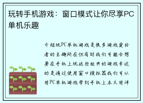 玩转手机游戏：窗口模式让你尽享PC单机乐趣