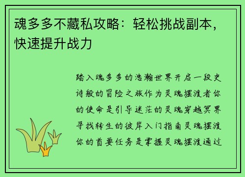 魂多多不藏私攻略：轻松挑战副本，快速提升战力